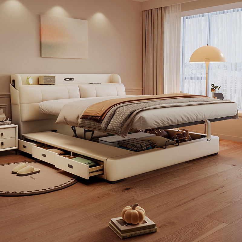 沐晨头层牛皮床头可储物真皮大床双人主卧平移气压落地婚床多功能