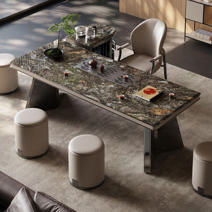 意式轻奢天然大理石茶桌椅组合办公室不锈钢茶台家用高端奢石茶桌