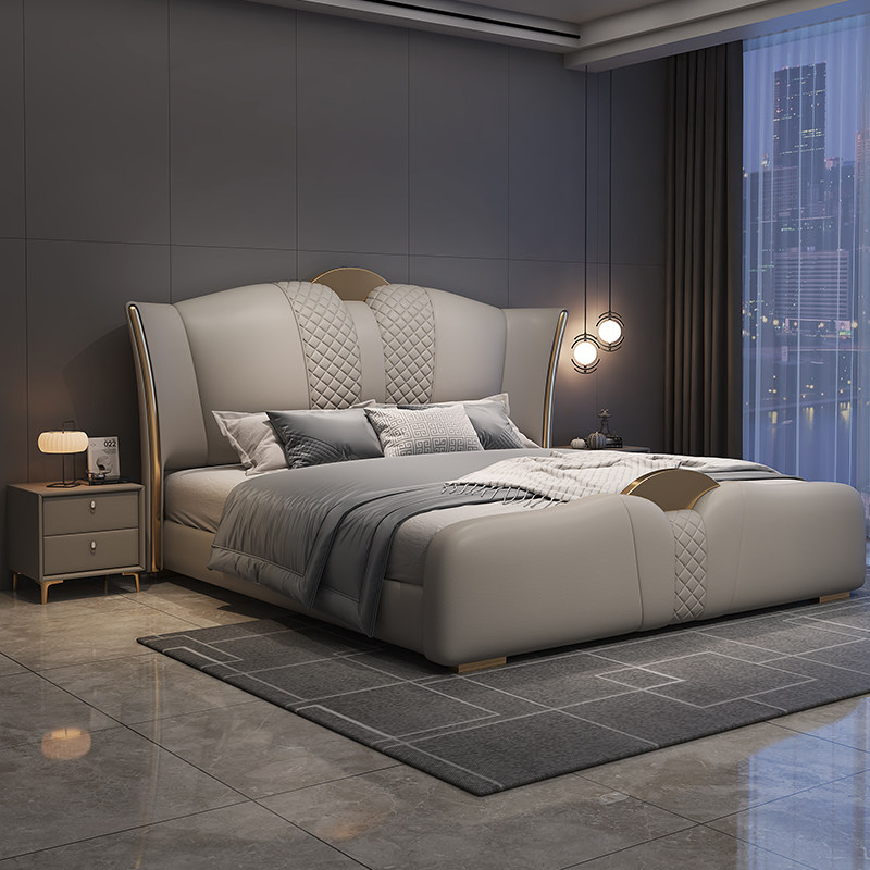 沐晨意式轻奢头层牛皮真皮床主卧双人高端落地储物1.8m婚床大床