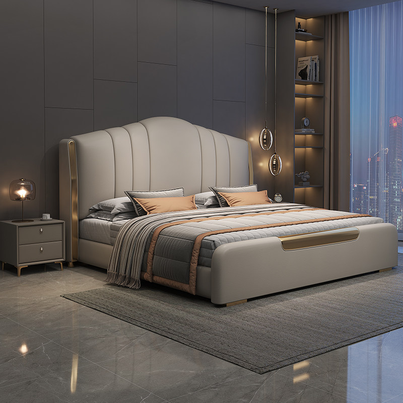 沐晨轻奢头层牛皮真皮床现代简约主卧双人软包大床高端豪华储物床