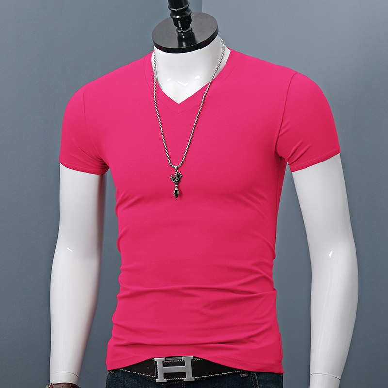 V领短袖男士纯棉薄款修身青年体恤衫夏季纯色大码紧身T恤紧身百搭
