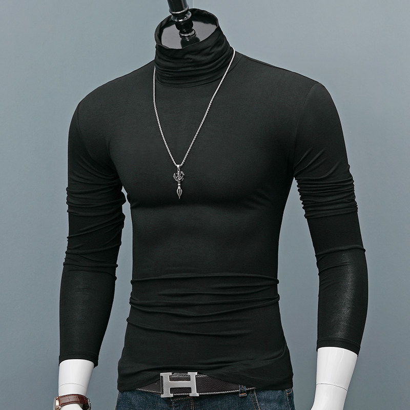 高领打底衫男士薄款秋冬上衣修身莫代尔秋衣纯色青年打底体恤衫潮