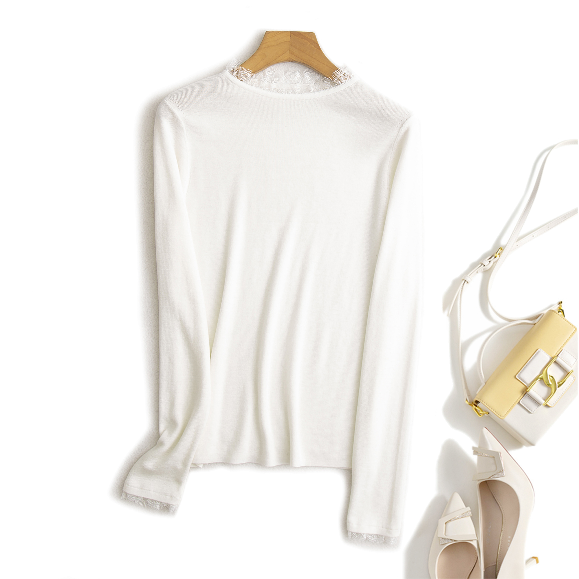 单穿不扎 含精纺羊毛半高领睫毛蕾丝打底衫长袖修身显瘦毛衣秋冬