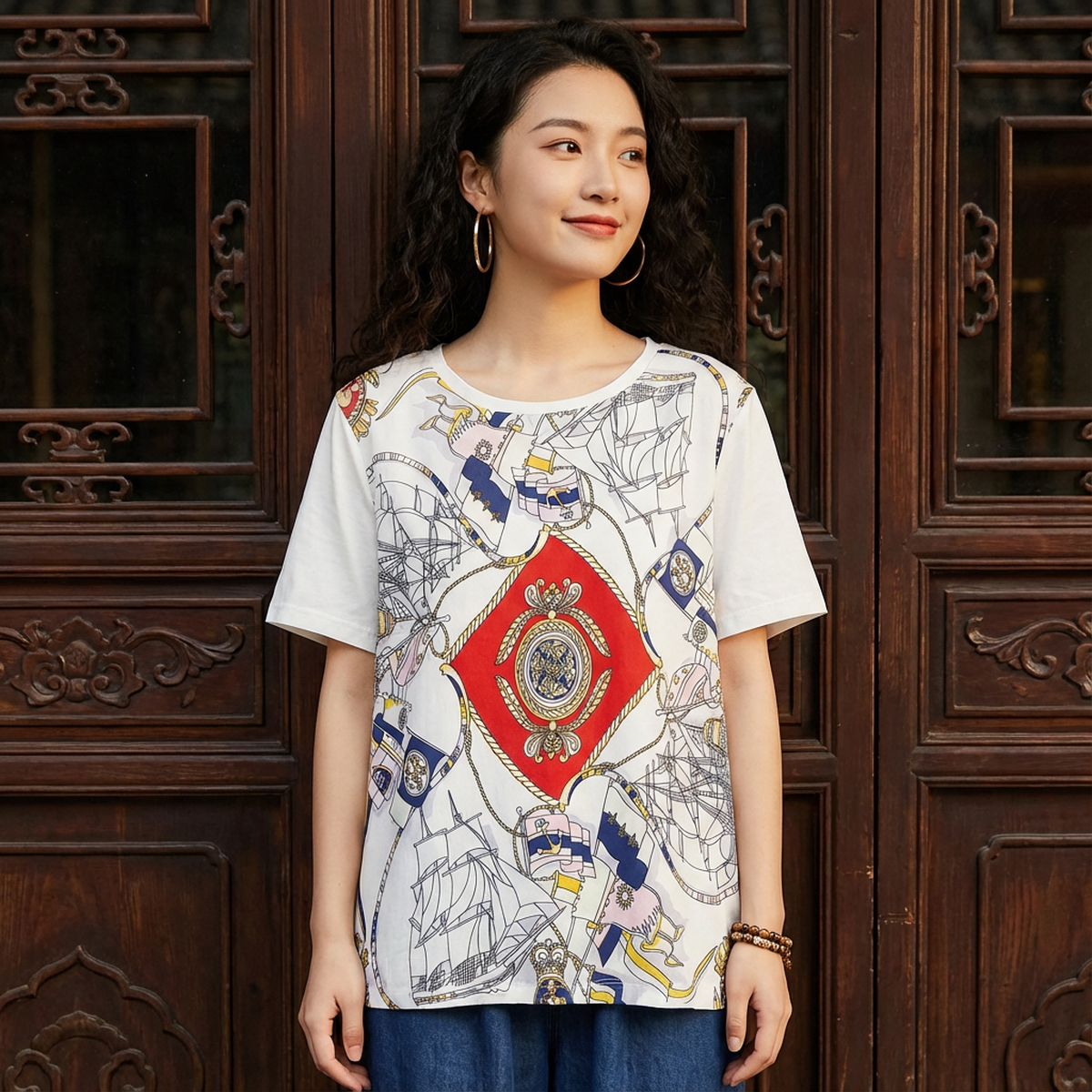 2025夏季新款 航海印花T恤前片真丝拼接百搭T恤衫短袖显瘦上衣女