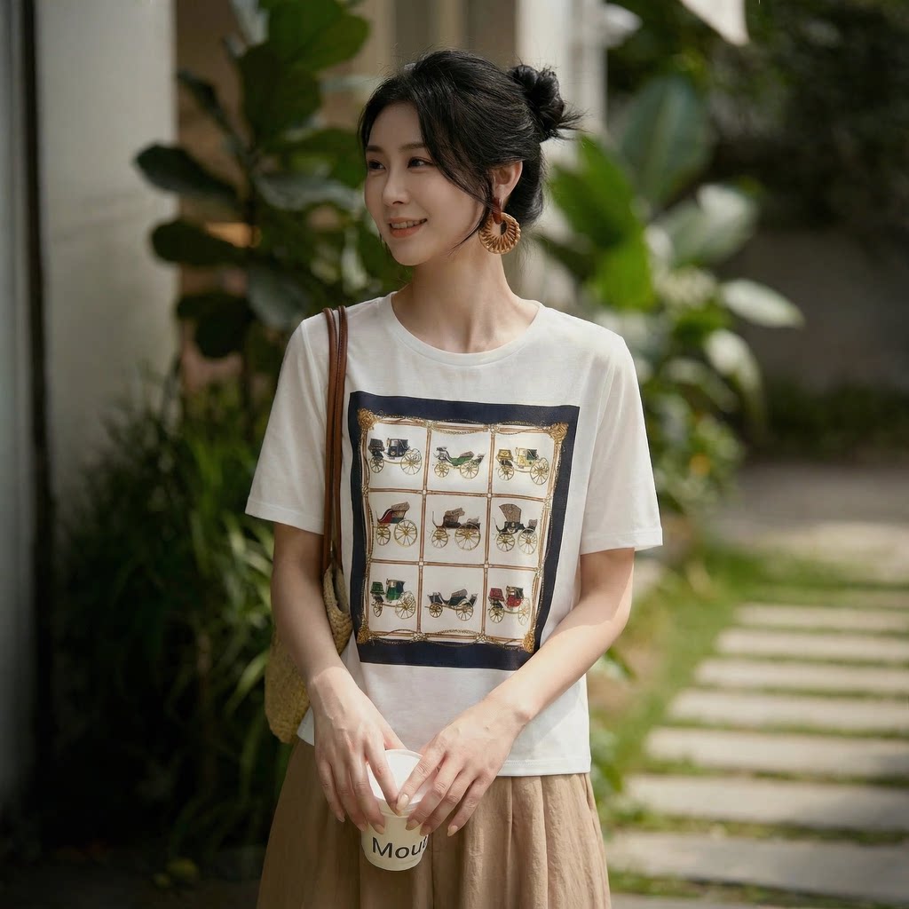 清仓 100%真丝拼接短袖t恤印花休闲百搭宽松显瘦上衣2025女夏装新 - 实物图