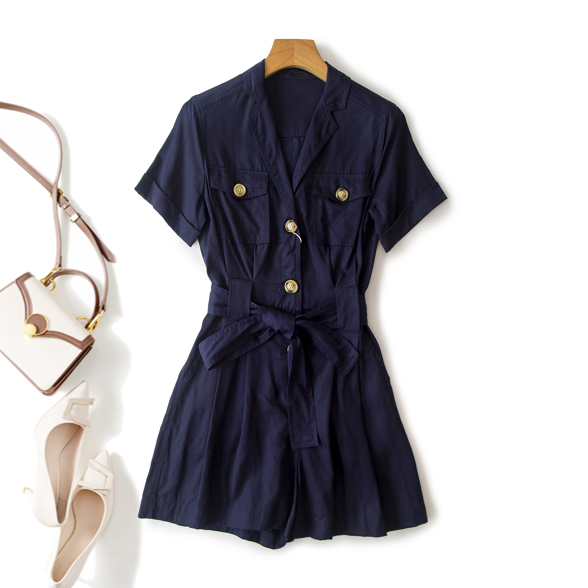 法式牛仔天丝连衣裤 高级感连身工装裤2025夏连体短裤百搭藏青色