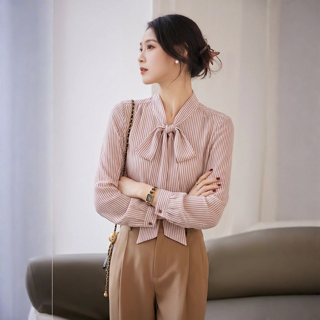 衬肤美颜  细滑垂坠 绛红色条纹 飘带款雪纺长袖衬衫女2025春夏女