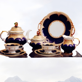 现货德国狮牌Dresden部浮金蕾丝钴蓝宫廷风茶杯组茶壶咖啡壶糖奶