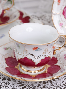 现货特价 德国Meissen中古少金款BForm红色手绘大咖啡杯2件组 1等