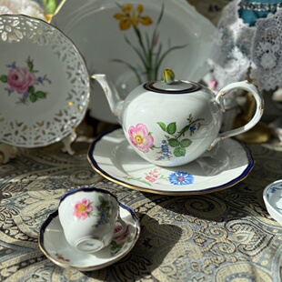 欧洲中古瓷器德国meissen钴蓝边手绘茶壶 25cm晚餐盘 摩卡咖啡杯