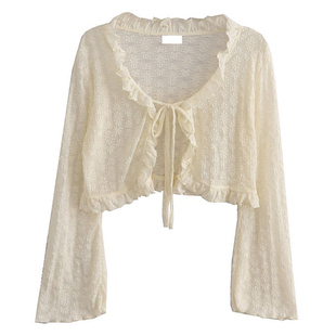 温柔风木耳边系带薄款开衫女夏季新款喇叭袖蕾丝薄款外搭罩衫
