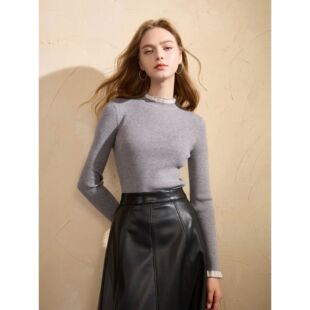 韩版2025秋冬季新款纯色针织衫玻璃纱拼接毛衫内搭打底衫修身女M