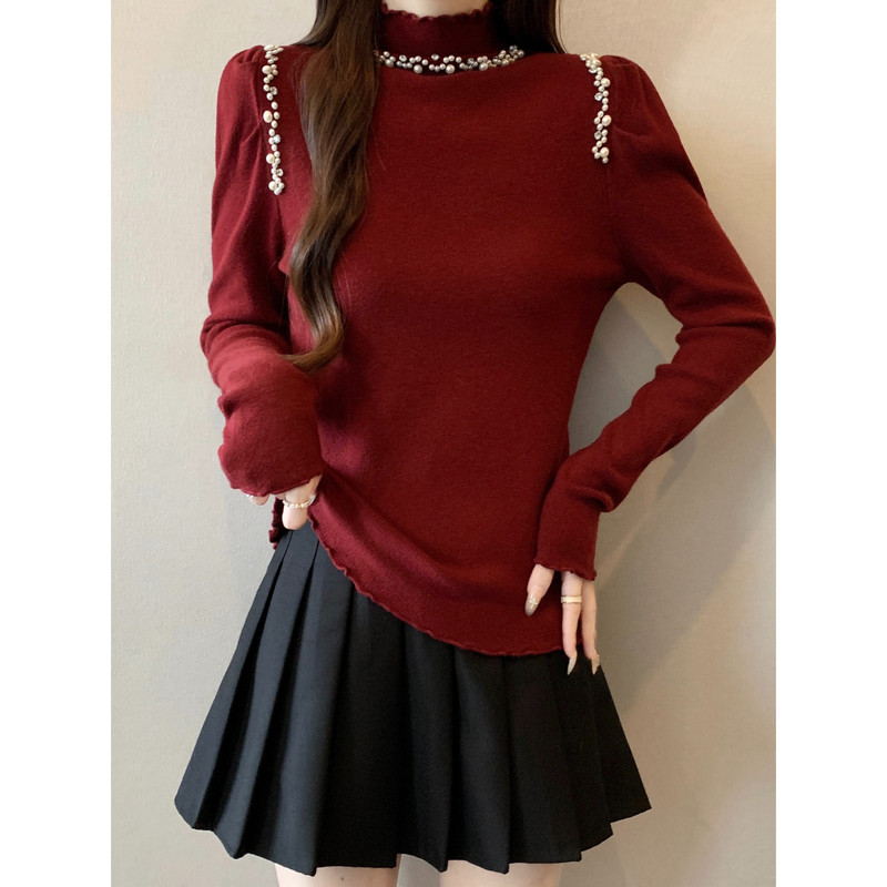 法式钉珠红色半高领针织衫女2025秋冬新款大码胖mm内搭打底衫上衣