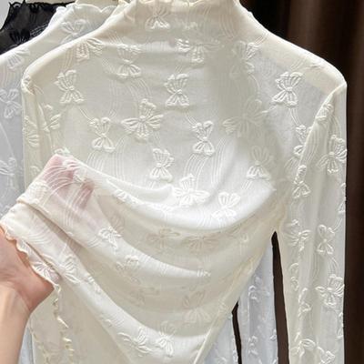 蕾丝蝴蝶结修身网纱打底衫叠穿女士别致小衫冬季高领花边下摆上衣