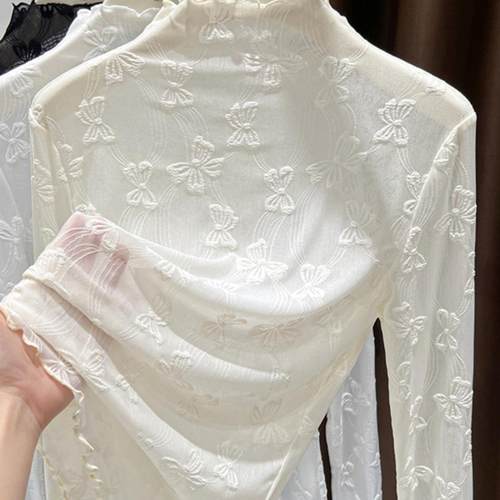 蕾丝蝴蝶结修身网纱打底衫叠穿女士别致小衫冬季高领花边下摆上衣