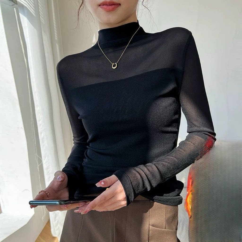 2025秋冬季半高领袖子加绒网纱打底衫女长袖修身显瘦内搭外穿上衣