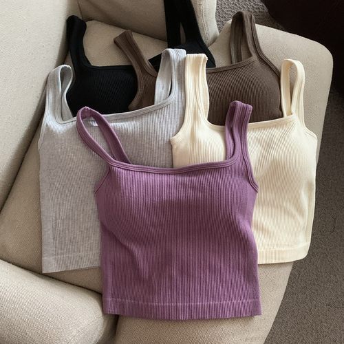 自留爆款推荐~方领紫色吊带背心女夏季外穿带胸垫一体美背上衣