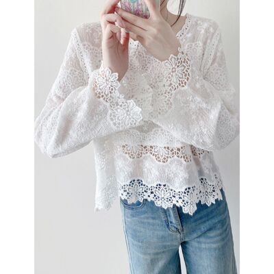 提花刺绣立体镂空旅游出片蕾丝轻薄套头小衫女装春夏新款 1001