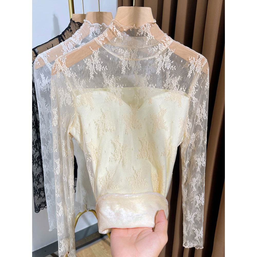 女士2024新款高领蕾丝加绒网纱保暖打底衫带木耳边适合叠穿有高级