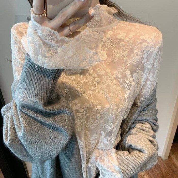 大码胖mm蕾丝打底衫女高领内搭洋气网纱喇叭袖上衣宽松长袖蕾丝衫