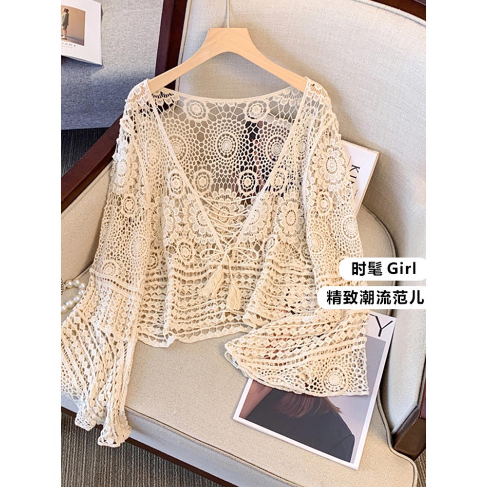 别致勾花镂空针织衫薄款外套女夏大码胖mm吊带裙外搭防晒罩衫上衣