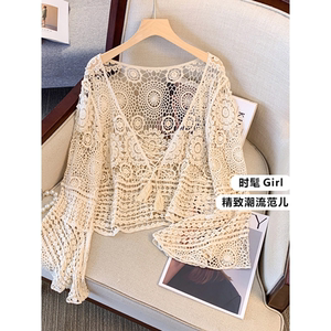 别致勾花镂空针织衫薄款外套女夏大码胖mm吊带裙外搭防晒罩衫上衣