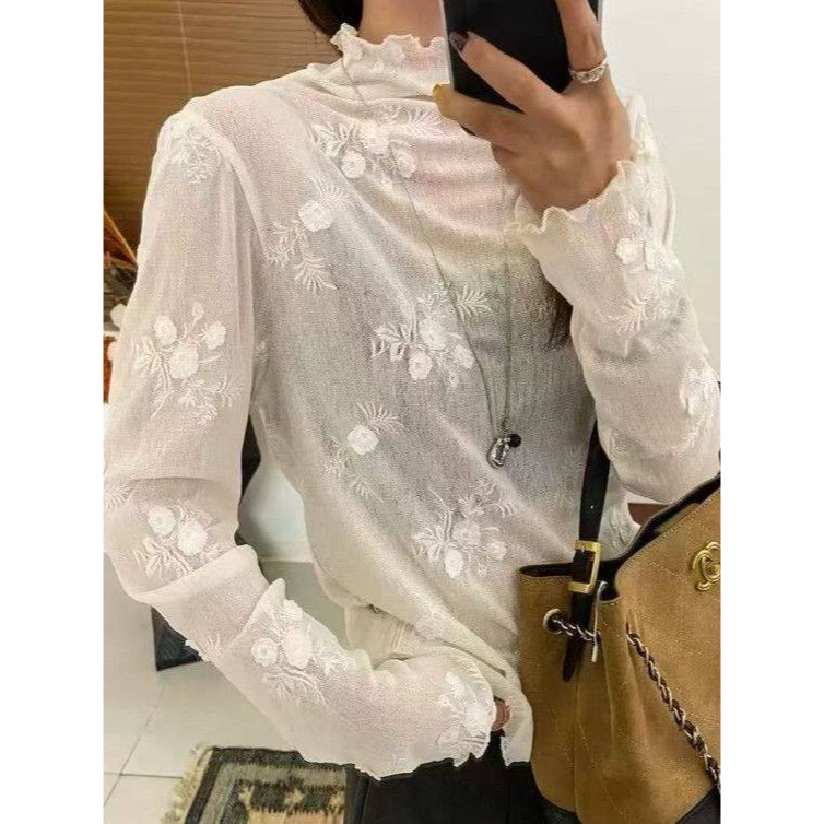 清新甜美叠穿半高领蕾丝白色印花网纱薄款打底衫女修身显瘦百搭秋