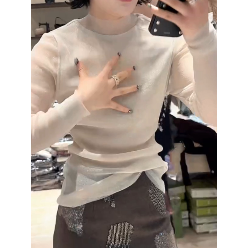 欧货高领网纱T恤女欧洲站气质时尚双层网纱亮晶晶微透性感上衣
