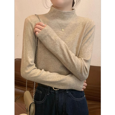 秋冬半高领miu系软糯针织毛衣长袖打底衫女装宽松燕麦色内搭上衣