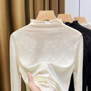 毛衣内搭洋气纱衣网纱透视上衣 2024新款 半高领蕾丝打底衫 女秋冬季