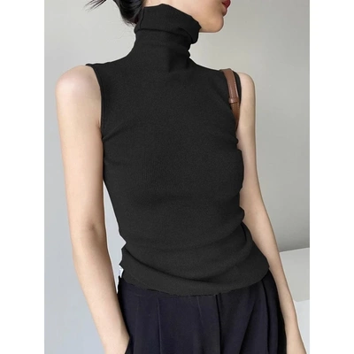 黑色高领吊带背心女秋冬季高级感皮草内搭针织打底无袖堆堆领上衣