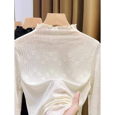 半高领蕾丝打底衫女内搭毛衣洋气春秋冬加厚加绒收腰气质网纱上衣