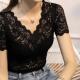 打底衫 蕾丝短袖 女V领修身 性感镂空洋气内搭秋季 2024春季 小衫 新款