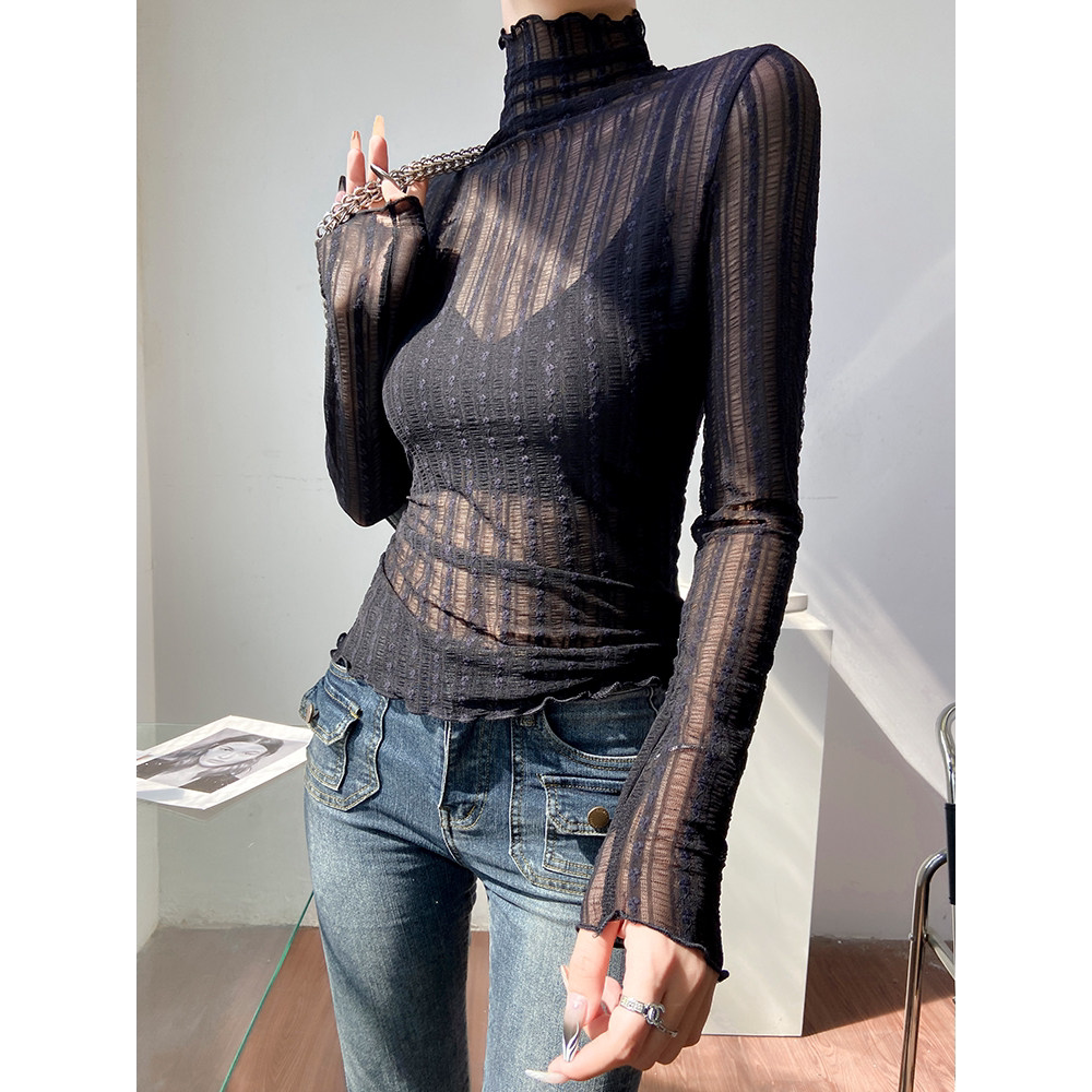 黑色蕾丝高领打底衫女透明网纱上衣高级感2026新款秋冬微透内搭薄