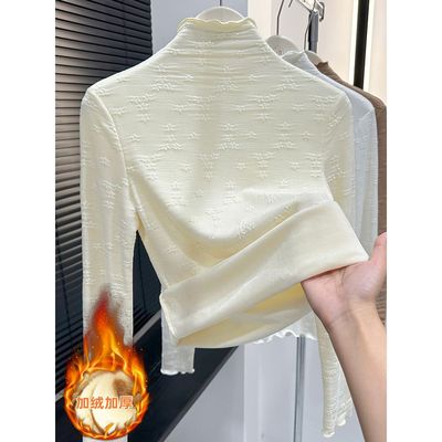 加绒加厚半高领蕾丝打底衫女秋冬修身木耳边叠穿内搭网纱保暖上衣