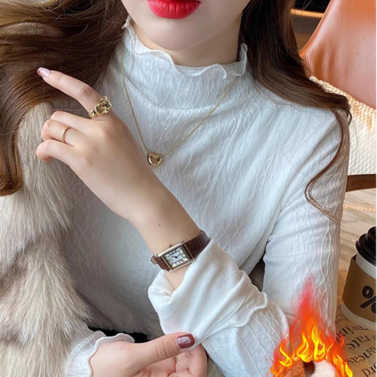 木耳边半高领打底衫女秋冬蕾丝内搭叠穿加绒加厚长袖保暖显瘦上衣