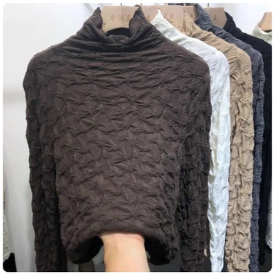 高级感蕾丝打底衫女秋季大码胖mm洋气提花长袖T恤高领内搭上衣潮