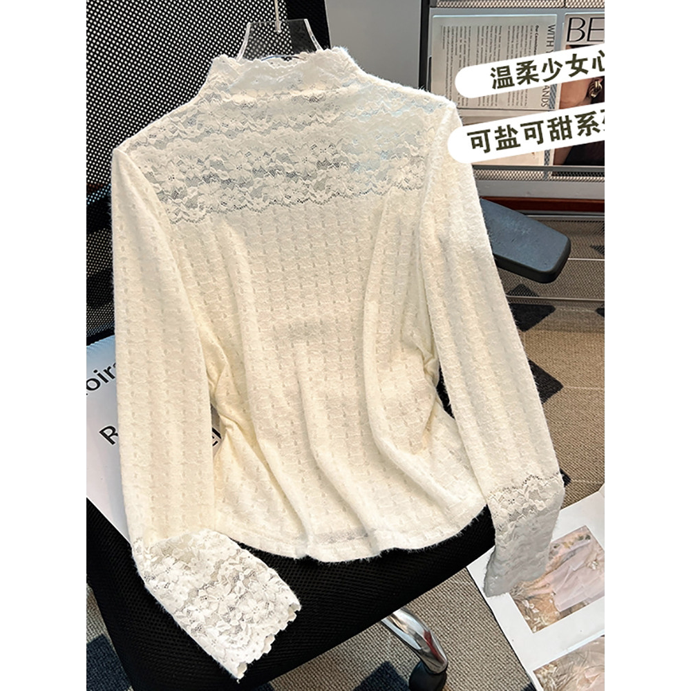 品牌折扣韩版半高领长袖蕾丝打底衫女2025秋冬新款气质百搭上衣潮