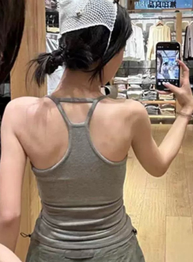热辣欧美设计感灰色带胸垫吊带背心女内搭可外穿运动美背文胸一体