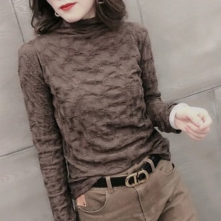 半高领褶皱长袖蕾丝衫女秋冬季2025新款修身内搭肌理感打底衫上衣