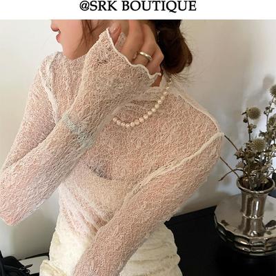 2024法式提花半高领蕾丝衫薄款透视性感网纱洋气修身长袖小上衣