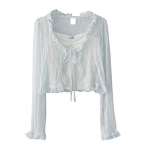 夏季新款甜美少女木耳边蕾丝开衫薄款短款外套单件上衣