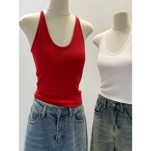 广州十三行女装辣妹红色无袖小吊带上衣高级感U领内搭打底背心夏