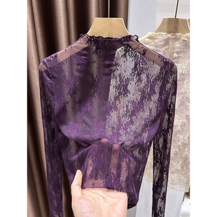 法式高级感紫色蕾丝打底衫女秋冬木耳边高领网纱内搭毛衣薄纱小衫