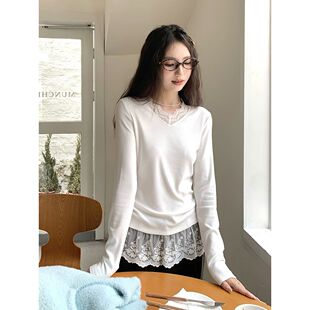法式复古温柔风甜美设计小众高级感蕾丝花边内搭叠穿打底衫上衣女