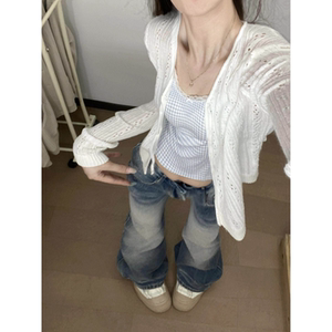小香风冰丝针织防晒衫女夏季v领长袖外搭小外套白 色开衫薄款上衣