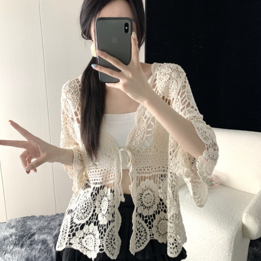 大码女装夏天镂空外搭开衫蕾丝小披肩防晒坎肩宽松小衫针织衫上衣