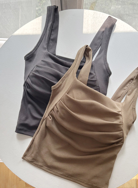 2023新款外穿的打底内搭文胸一体美背上衣褶皱吊带背心女夏带胸垫