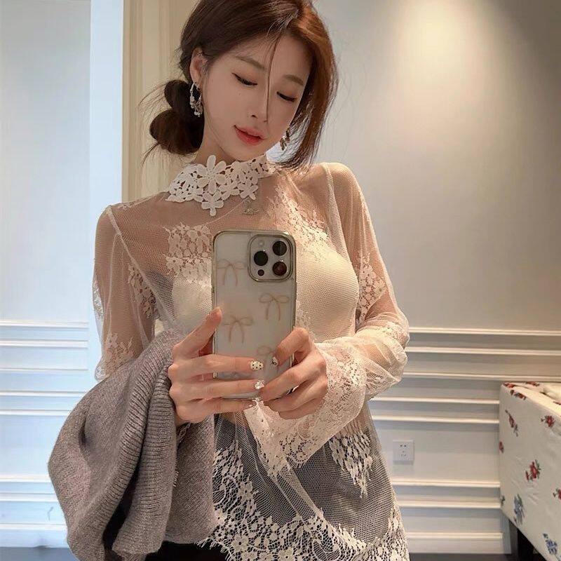 睫毛蕾丝打底衫女新款很仙的网纱纱衣时尚镂空内搭洋气小衫上衣女