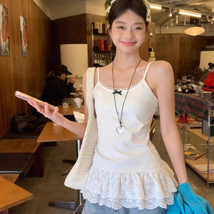 白色蝴蝶结吊带背心女大码 叠穿内搭小上衣 春秋季 蕾丝花边下摆修身